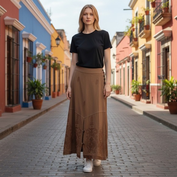 Soft Surroundings Dresses & Skirts - Soft Surroundings Greenish Tan Embroidered Maxi Skirt Side Button Petite Medium